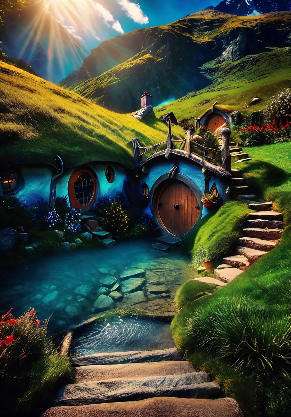 A Hobbit Hole with a Blue Door and Stairs in a Grassy Area
