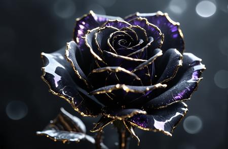A breathtaking, hyper-detailed single black rose, its petals crafted from razor-thin obsidian glass, shimmering with deep violet reflections. Tiny cracks along the edges glow faintly with molten gold, as if the flower holds a living, fiery core. Delicate veins of liquid silver course through the glass petals, giving them an almost organic, breathing appearance. The stem is made of twisted wrought iron, adorned with glistening, crystalline thorns. A soft mist surrounds the flower, catching light in an ethereal, dreamlike manner. Dark fantasy, macro photography style, ultra-HD.