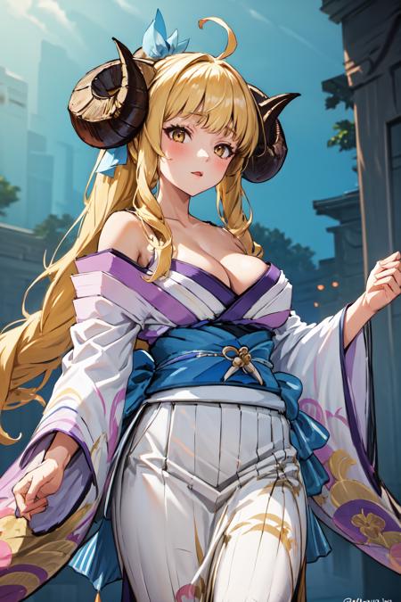 masterpiece, (detailed, highres, best quality), 1girl, <lora:spgbfAnila:0.8>, anilany, cleavage, kimono, wide sleeves, sash, obi, hair ribbon, english text, twitter username