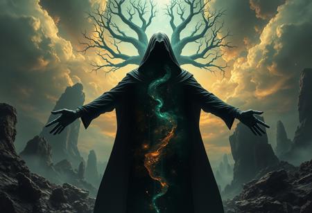 A universe inside a dark cloaked figure within mysterious landscape in an unfathomable realm of fantastic creation inhabited by ancient shadows of a forgotten time beyond the gate of the gateless gate where life is limitless, light is shadow and shadow is light, eerie sense, horror, spark of the beginning, existence and nonexistence at once, ethereal, outstretched arms, behold the end of the beginning, inglorious glory to the dark one, betrayal of the ancient order, beware the 7headed beast, destroyer of the old ways, bearer of the unbearable, nightmarish, archaic runes, tree aging backwards, breath of the gods, ruins of a place unimagined, extreme intricate detail, photorealistic, beyond epic scene, fate discarded, unseeable face of god, the end is the beginning, the beginning is the end, man arises as god dies, as above so below, as below so above, emerald tablet, thoth, guardian and saboteur of existence, hopeless hope, ghosts of the unborn, conception of the inconceivable, cosmic well of imperceptible perception, evil aura, infinite emptiness, pillars of void, overwhelming subtlety, abstract sacred geometry, beams of readiness without intention, gift of doom, despair of the ages, hidden secret warnings from dead gods, hand carved by the conductor of unholy loneliness with the sands of time incarnate, farewell her majesty