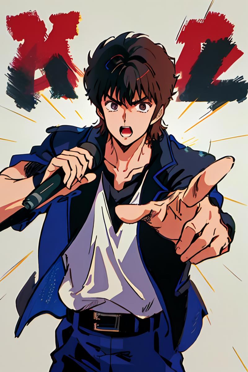 Male anime character pointing his opened mouth png