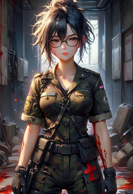 FFROA, full body, 1girl, a soldier, perfect face, black gloves, torn ss uniforms, black messy hair, glasses, scar on face, blood on uniforms,