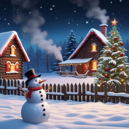 snowman near a wooden fence with cardinals, background Christmas tree and snowy house, illuminated with smoke coming out of the chimney