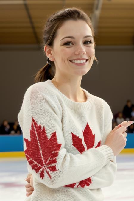 JamieSale, ((ice skating, ice rink, ice skates)), (shoulder-length hair, triangular hairdo, straight hair:1.2), (20 years old), smile:2, laughing:1.3, (red Canada maple-leaf sweater:1.3), head tilt, modelshoot, pose, in love, ((masterpiece, best quality, extremely detailed, perfect face, perfect body:1.2)), smile:1.2, closeup on upper body