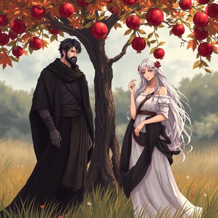 1woman, 1man, dark clothes on man, white clothes on woman, under pomegranate tree, meadow setting, Hades, Persephone, Greek gods, Anime, Nature, Autumn, Fall