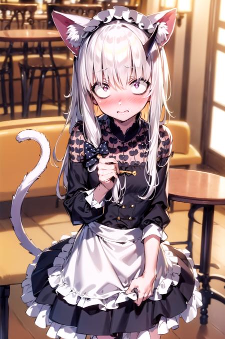 (masterpiece, best quality, detailed), 1girl, solo, indoors, cafe, maid, cat ears, apron, cat tail, maid headdress, frills, blush, nose blush,
lavinia whateley \(fate\), polka dot bow, black thighhighs, <lora:LaviniaV11-000003:0.9>, (constricted pupils)