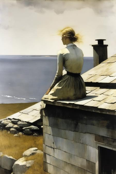 <lora:Andrew Wyeth Style:1>Andrew Wyeth Style - A woman sits on the roof of her cottage, looking out towards the cold ocean. - - hd - - style Andrew Wyeth