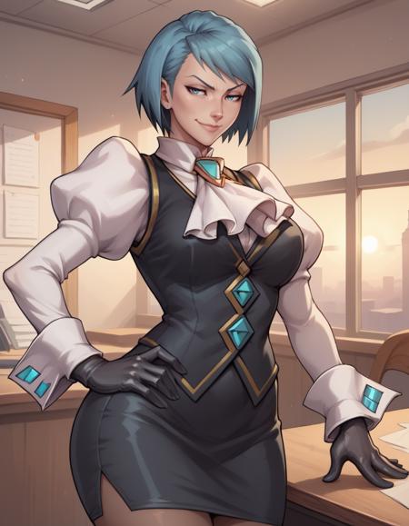 fvonkarmadg, short hair, blue hair, blue eyes, miniskirt, puffy sleeves, pencil skirt, gloves,ascot, black vest,