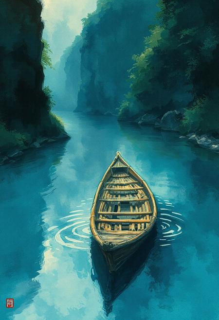 The Bamboo boat flows backwards down a great river and floats on its surface.
Japanese art style, Japanese ink painting, 
best quality, sharp focus, high contrast, colorful, ultra quality, 8k, best quality,