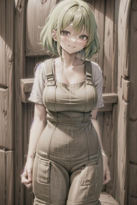 burlap overalls, smile, town, large breasts, wide hips, bob cut, (green hair), white pupils, <lora:Burlap V3:0.6>