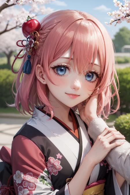 (masterpiece, best quality:1.2), <lyco:concept_hoac-13:1.0>, pov, solo focus, upper body, 1girl, hand on another's cheek, smile, pink hair, blue eyes, japanese clothes, kimono, cherry blossom trees