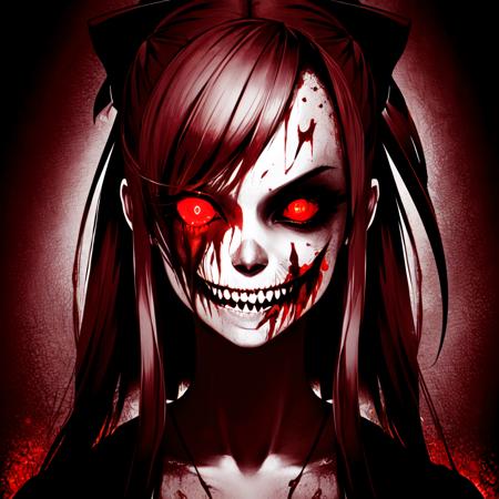 Highly detailed, High Quality, Masterpiece, beautiful, Exe, <lora:Exe:0.8>, teeth, horror (theme), red eyes, smile, sharp teeth, glowing, dark, blood, tongue, grin, glowing eyes, evil smile, solo, Monika, bangs, very long hair, ponytail, hair bow, brown hair, sidelocks, <lora:Char_DDLC_Monika:0.6>