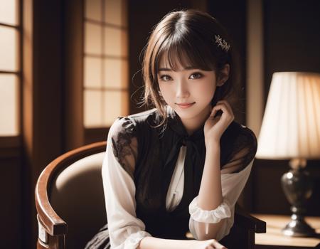 1japanese_woman,(25yo), solo, cute, (brown eyes ,catch light:1.5), natural skin, (brown hair), indoor ,(shy smile), sit chair,(thin formal dress),
tenebrism, (dramatic lighting:1.2), deep shadows, striking highlights, intense contrast, Baroque influence