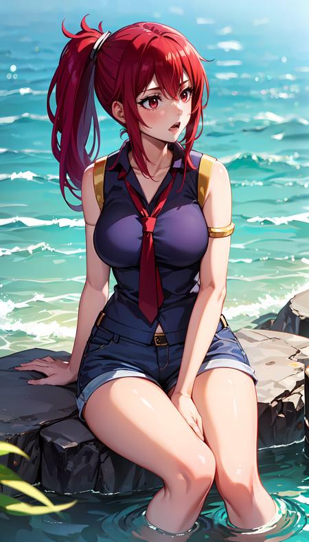 long hair red hair side ponytail red eyes blue shirt shorts sleeveless gold armlet red tie