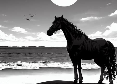 horse, no humans, beach, masterpiece,  vagabond_style,  <lora:vagabond-30:1>, monochrome, sun