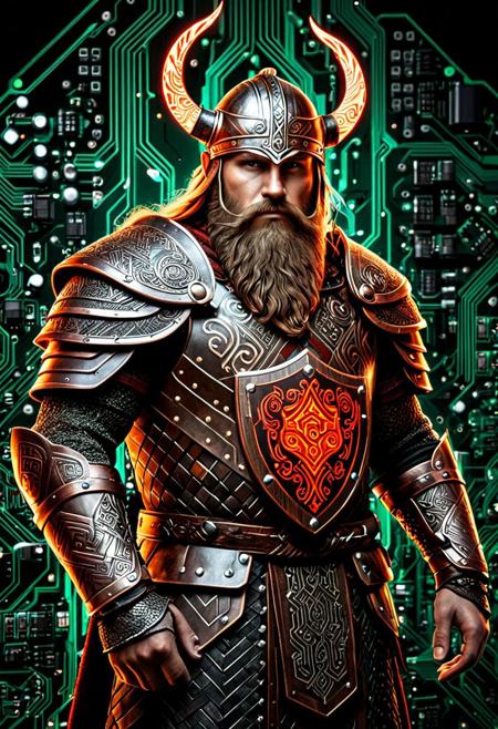 TzigoCBS, a fierce Viking warrior with beard and armor made of copper circuit boards, glowing red LED traces in traditional Norse patterns, electronic components forming weapons and shield, northern lights background, masterpiece historical fantasy art, 8k resolution, award winning character design, epic lighting, powerful warrior spirit