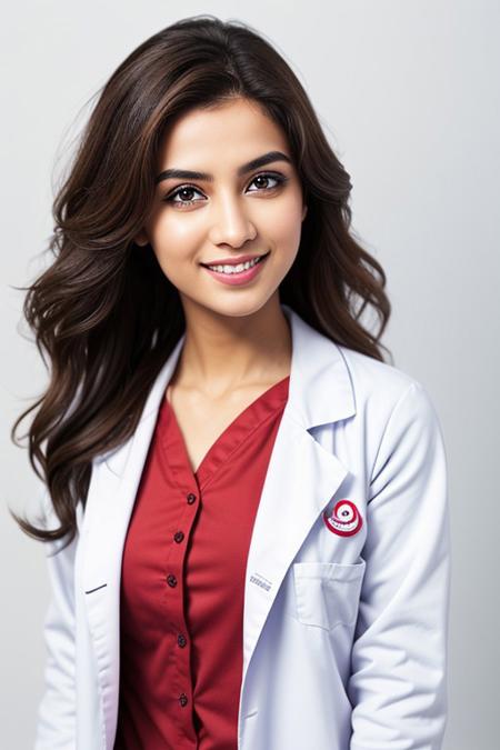 (medium shot), 1girl, (cheek_heart:1.4), smiling, beautiful pakistani female doctor in (labcoat over scrubs),  beautiful detailed face, brown hair, pale skin, realistic skin, detailed cloth texture, detailed hair texture, Perfect proportion, Beautiful Face, accurate, Anatomically correct, Highly detailed face and skin texture , looking at viewer , portrait, photorealistic , masterpiece, best quality , isolated white background