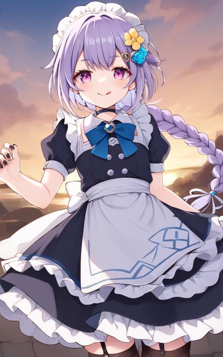 gen-qiqi red purple_eyes, bangs, lightpurple hair, braided ponytail, black nails, flat cheast hair_ornament, ofuda qing_guanmao, jiangshi, dark purple hat, necklace, dress, long_sleeves, white shorts, white_legwear bandaged_leg, thighhighs