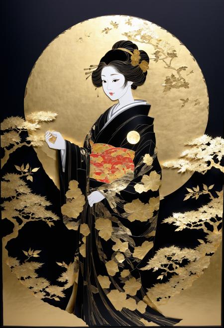 A paper-cut paper using gold leaf on a black background depicting a beautiful girl in Japanese clothes looking sideways and a full moon.