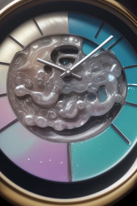 lazypos,aesthetic,extremely aesthetic,masterpiece,flowing,pool of liquid,overflowing,made of l1qu1dp34rl,metal,pearl,liquid pearl,pearlescent,pastel colors,rainbow,watch,no human,pocket watch,watch face,clock face,close up,macro photography,macro photo,liquid,filled,filled with liquid,liquid pouring from watch,oozing,<lora:liquidpearlXL_r1:1>,
