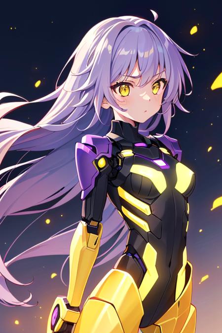 (sfw), intricate details, (bright neon colors), detailed background, night, 1girl, (petite, (cute face, bright glowing yellow eyes), (human torso, petite perky breasts, robotic limbs), (gradient purple and yellow hair, absurdly long hair, hair blowing in the wind)), detailed ribbed impossible bodysuit, shoulder armor, dynamic angle