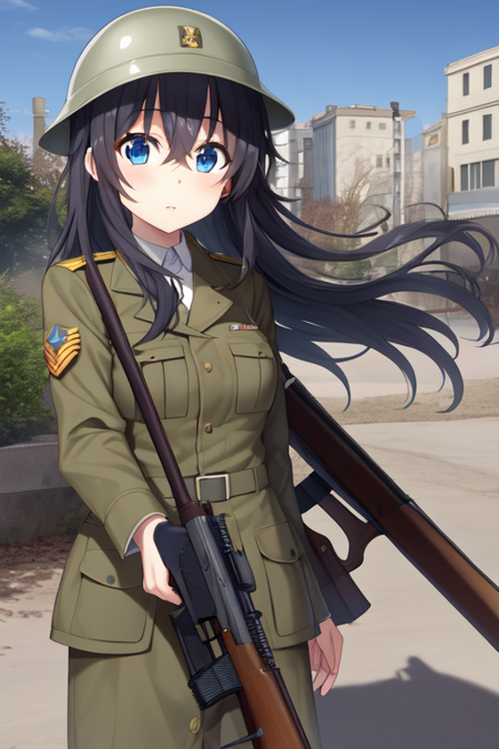 tamakiako, 1girl, solo, weapon, uniform, military, military uniform, gun, solo, helmet, long hair, world war ii, bolt action, holding weapon, rifle, holding