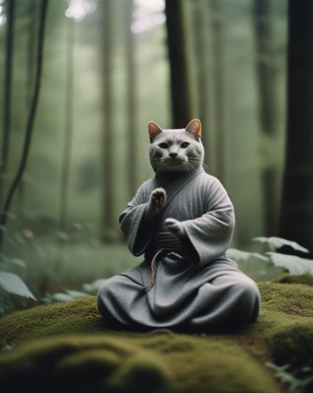 a stablishing shot capturing the forest scene with the anthropomorphic cat meditating in the foreground, dressed in grey monk attire, adding a sense of calm and balance to the composition. The surrounding foliage is lush and verdant, with a gentle breeze causing some movement in the leaves.