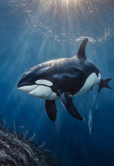 (highly detailed, hyper-realistic, fine details, sharp focus, precise rendering, perfectly proportioned, flawless rendering, smooth digital finish) ArsMJStyle, Colored pencil hyperdetailed realism, an orca gliding gracefully through the deep blue ocean, its sleek black and white body finely detailed with every contour and scale, eyes focused ahead with an intense yet calm expression, the water around it filled with soft, rippling currents, sunlight streaming down in beams, illuminating the orca’s powerful muscles and the water's delicate movement, intricate details of the orca’s dorsal fin and tail, a school of fish darting nearby, the deep ocean floor partially visible with patches of rocky terrain and sparse seaweed, ambient lighting creating a sense of fluidity and depth, mood of serene power and underwater mystery, crisp high-resolution finish.
