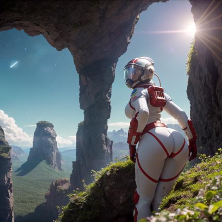 Highly detailed RAW color Photo, Rear Angle, Full Body, of (female space marine, wearing white and red space suit, futuristic helmet, tined face shield, rebreather, accentuated booty), outdoors, (leaning over rocky Rim, looking out at advanced alien structure), on exotic alien planet, toned body, big butt, (sci-fi), (mountains:1.1), (lush green vegetation), (two moons in sky:0.8), (highly detailed, hyperdetailed, intricate), (lens flare:0.7), (bloom:0.7), particle effects, raytracing, cinematic lighting, shallow depth of field, photographed on a Sony a9 II, 24mm wide angle lens, sharp focus, cinematic film still from Gravity 2013