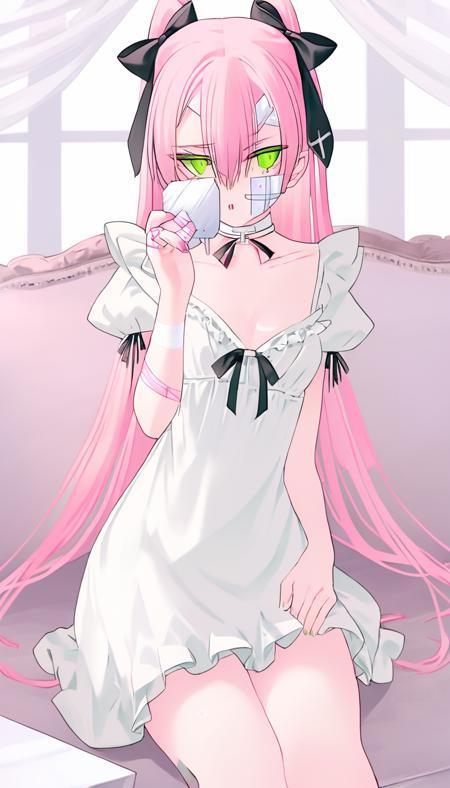 masterpiece, best quality, 1girl, solo, long hair, dress, pink hair, white dress, bandages, bandaid, mouth hold, short sleeves, intravenous drip, looking at viewer, sitting, bandaged leg, bow, hair bow, very long hair, breasts, puffy sleeves, clothes lift, lifted by self, blood, small breasts, puffy short sleeves, dress lift, blood bag, ribbon, two side up, white bow, bandage over one eye, bandaid on arm, green eyes, bandaged arm, couch, bangs, frills, neck ribbon, hair between eyes, collarbone, black ribbon, frilled dress, bandaid on leg, eyepatch, blush, thighs, black neckwear, white ribbon, on couch, bandaid on hand, choker