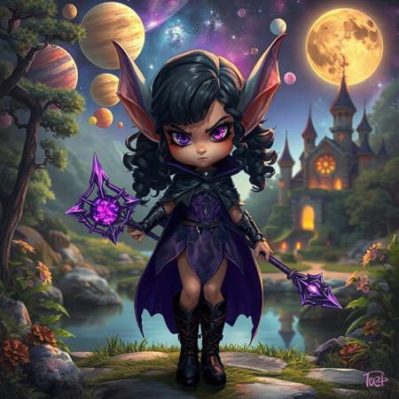 1girl, fantasy elf, long fantasy elven ears, natural lighting, realistic style, round cheek bones, full lips, small mouth, small nose, round face, black velvet boots laced with leather straps, petite, ((very thin waist:1.5)), body shaped like hourglass, long curled black hair with purple highlights, purple eyes, pupils showing, colourful planets and moon and stars and space in the background, a tome, zoomed out, full veiw, a purple elven metal armor, wearing a purple magical staff, long black cloak, hyperealistic, fantasy castlle sitting in a magical jungle in the background, a lake in the background, cute face, purple dress, angry look on her face, very mad elf