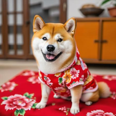 dongbeidahua,looking at viewer,tongue,indoors,tongue out,blurry,no humans,depth of field,blurry background,animal,floral print,dog,animal focus,clothed animal,shiba inu,<lora:dongbeidahua:0.6>,