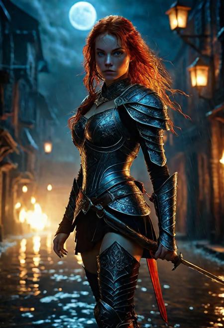 Ultra detailed digital art masterpiece Warrior girl dressed in a Armor, standing in combat pose down the mysterious night street of the big dark fantasy medieval Town, perfect lighting, beautiful Sadie Sink as Warrior girl, attractive woman, elegant, unreal engine 5 nanite quality, mixed with dark elements, dark environment, very dark night, clean dark velour witch clothing, LOTR style, dark washed out eyeliner, no make up, natural bloody face, realistic blue eyes, ultra detailed atmospheric details, beautiful glowing effects, sparkle effects, realistic body proportions, beautiful face proportions, complex masterpiece, wavy red hair, creative glowing detailed tattoos, complex physics, enhanced colors, complimentary colors, ultra detailed raytracing reflections, Ultra detailed complex background, environment feels alive, direct eye contact, dramatic lighting, wet and sweaty skin, beautiful firm Breasts, Concept art portrait by Greg Rutkowski