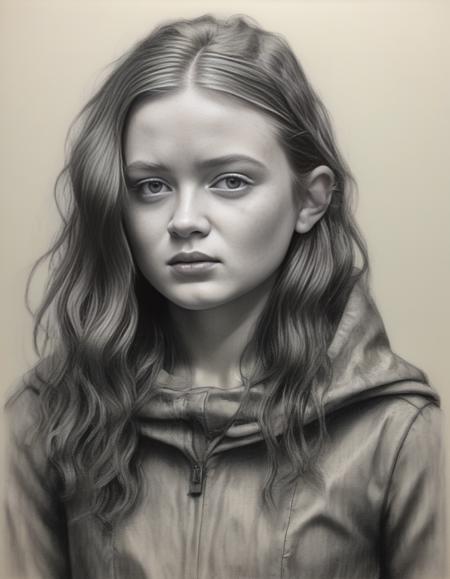 SadieSink,<lora:SadieSinkSDXL:1>charcoal drawing of a girl by timothy, in the style of hyper-realistic sci-fi, detailed perfection, hyper-realistic details, realistic human figures, heavy use of palette knives, hyper-realistic pop, frayed