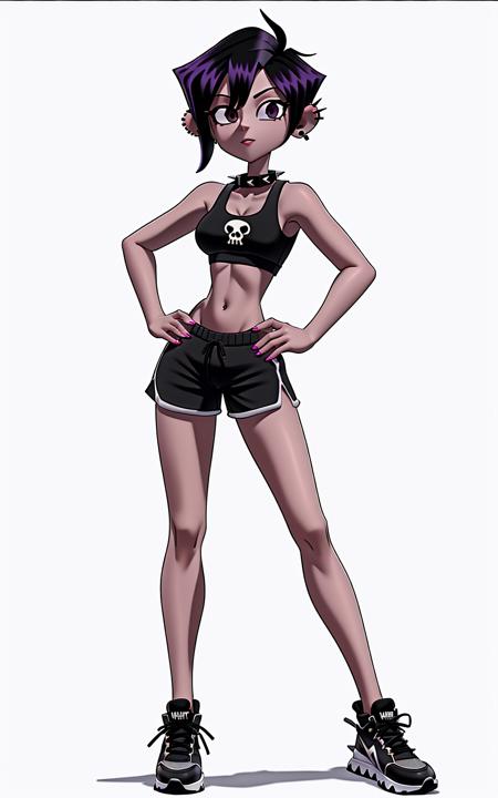 8k.4k,((Best quality, masterpiece, ultra high resolution)),((full body)),standing,   <lora:Valbun:1>,human,navel, ear piercing,short hair, black hair, black eyes, piercing, shorts, black shorts,black footwear, crop top, midriff, spiked collar,tank top,purple streaked hair,skull,small breast,white background