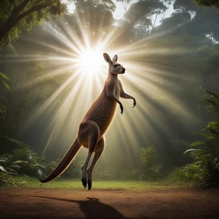 Kangaroo jumping in the rainforest, sun halo background, very realistic photography