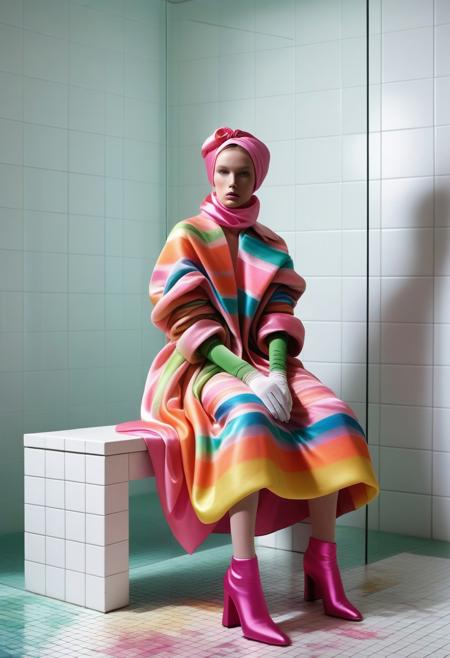 The image is a photograph taken indoors, likely in a modern, possibly institutional setting, such as a gallery or a fashion studio. The subject is a person standing in front of a window with white frames, which lets in natural light, illuminating the scene. The person is dressed in an avant-garde outfit that combines multiple textures and colors. They wear a large, voluminous coat with a pink, translucent fabric featuring a small, intricate pattern of white flowers.
The image is a photograph featuring a person sitting on a white tiled bench in a shower or bathroom setting. The individual is dressed in a striking outfit with a vibrant color scheme of pink and green. They are wearing a bright pink satin headscarf that covers their face, obscuring their features, and a matching pink satin glove on their right hand. The glove extends up to their elbow, adding to the surreal, almost otherworldly appearance.
This photograph showcases a striking, avant-garde fashion display featuring a vibrant, multi-colored, abstract textile piece. The central figure is a mannequin dressed in a fantastical, oversized, floor-length gown made of a textured, colorful fabric. The gown is adorned with bold, bright stripes in shades of blue, green, yellow, and orange, creating a psychedelic effect. The fabric appears to be a mix of wool or a similar material, giving it a fluffy, textured appearance.