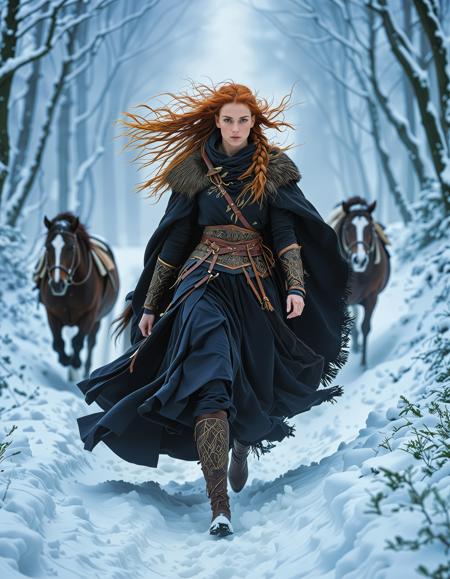 freyja, auburn hair, braided hair, magic, forest, viking queen, mythic beauty, <lora:NBN-Freyja_NordicByNature:0.8>, <lora:NordicByNature:0.8>,Snow,Cloaked Warrior, A nbn-freyja riding a horse through deep snow, her fur trimmed cloak billowing as she races toward battle.,low light, soft natural light, Rembrandt style light, Hasselblad DLSR camera, 200mm Zeiss lens, f/2.8 clear focus, high resolution image, ,Sexy pose, erotic pose, exhibitionism, ,cyberpunk city parkour arena