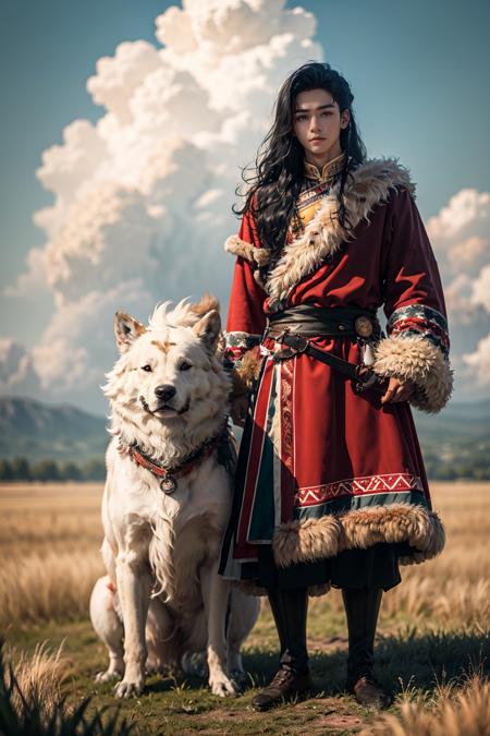 masterpiece ,  full body, 1boy,  solo, Curls, long hair,  Fur, Depth of field, Background Blur, sky, Grassland
 <lora:zangzu2:0.7>   <lora:handsome_male-02:0.3>