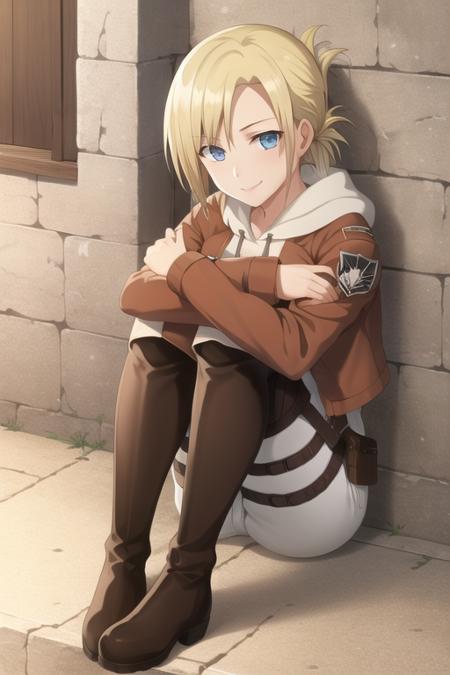 masterpiece, high quality, highres, 1girl, solo,
<lora:Annie-v1-03:0.5>, <lora:AoT_Style:0.1>, ChopioAnnie, blonde hair, short hair, folded ponytail, blue eyes, looking at viewer,
jacket, uniform, hood, paradis military uniform, emblem, hoodie, training corps (emblem), hood down, boots, belt, thigh strap, pants, knee boots, large breasts, sitting, knees to chest, hugging own legs, seductive smile,