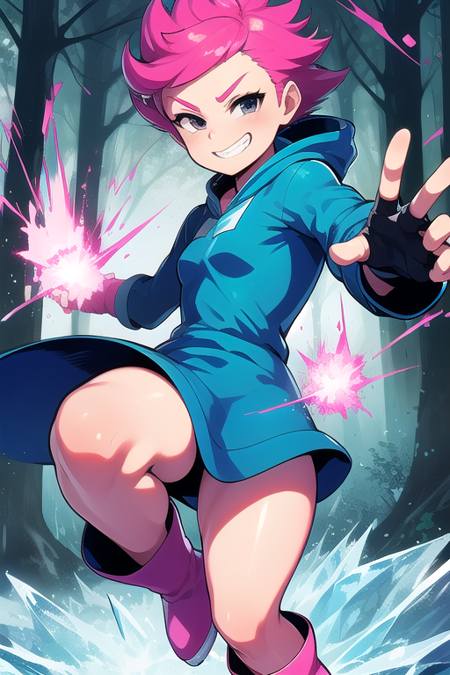 Kumatora, pink hair, black eyes, hoodie, blue hoodie, short hair, tomboy, pink boots, spats, fingerless gloves, thighs, (ice powers), smug grin, forest background, dynamic pose