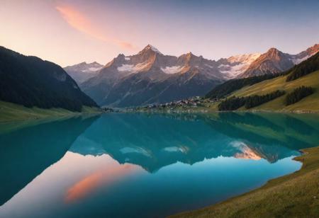 stunning sunset vista landscape photography, masterpiece, lake in the swiss alps, trending on cgsociety, 4k, 8k, hd, [artstation:1], concept art, highly detailed, sharp focus, [subsurface scattering:1]