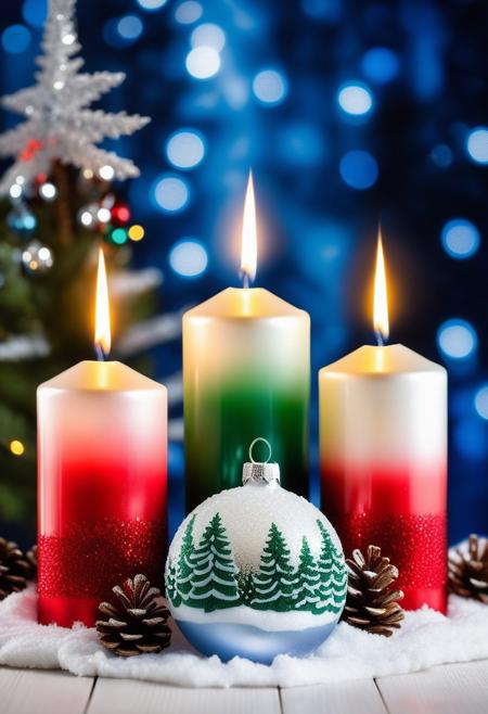 three Christmas candles with snowy fir trees painted on top, Christmas balls at the bottom of the candles, in the background a crystal ball and connifer forest