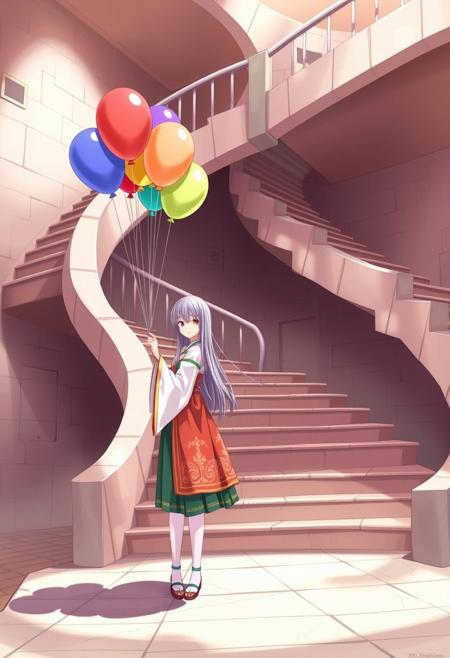 1girl is standing in front of complicated stairs, helical stairs, holding colorful balloons, long hair, wearing traditional cloths,