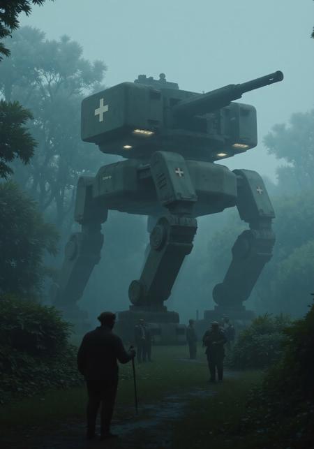 (Digital illustration, cinematic side-shot, ultra-realistic, foggy post-apocalyptic landscape)
Masterpiece, ultra detail, Grimmdark, darktale, machanical styles. Lowkey lighting, Cinematic scene. In foreground, the silhouette shrub, bush. The brutalist steampunk walking War Titan passing through the dark prehistoric Tropical rain Jungle. massive autocannon and shield radiate divine menace, massive weapon systems integrated with cybernetic rune circuits. Its armor is scratched and battle-worn, painted with military green tones and the white “Hospitaller” marking across its chassis, red cross emblems. (Heavy industrial frame, glowing blue optic, hydraulic limbs, grounded military design). A group of human soldiers, dwarfed by its scale, advances cautiously in front, weapons ready. In background, fully shadow of bushy, leafy Primitive Huge trees and giant fern.)