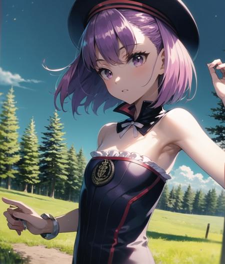 ((masterpiece,best quality)), <lora:envybetterhandsLocon_beta2:1>, <lora:beautifulDetailedEyes_v10:0.85>, forest, trees, sky, <lora:helena_blavatsky-18:1>, 1girl, purple hair, standing, medium shot, short hair, helena blavatsky \(fate\), hat, strapless dress,