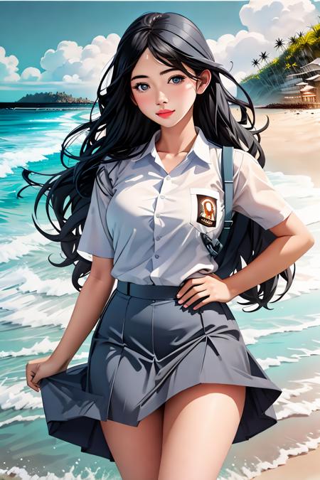 1girl, cewe-sma, from fitting, white shirt, gray skirt, belt