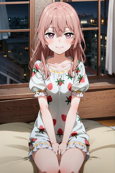 best quality, (masterpiece:1.2), detailed,
<lora:chara_SonoBisqueDoll_InuiSajuna_v1:0.8>, inui sajuna juju,
1girl, solo, closed mouth, smile, blush,
pink hair, pink eyes, long hair,
shirt, collarbone, puffy sleeves, short sleeves, strawberry print,
sitting, looking at the viewer,
indoors, room, bed, night