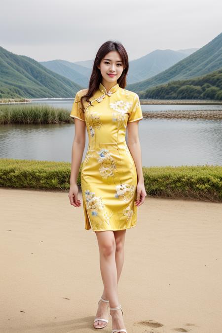 detailed, beautiful, cute, full body shot, scenic view, professional photo, <lora:Detail Slider V2 By Stable :0.4>
<lora:China Dress By Stable Yogi:1> yellow, short china dress, floral print