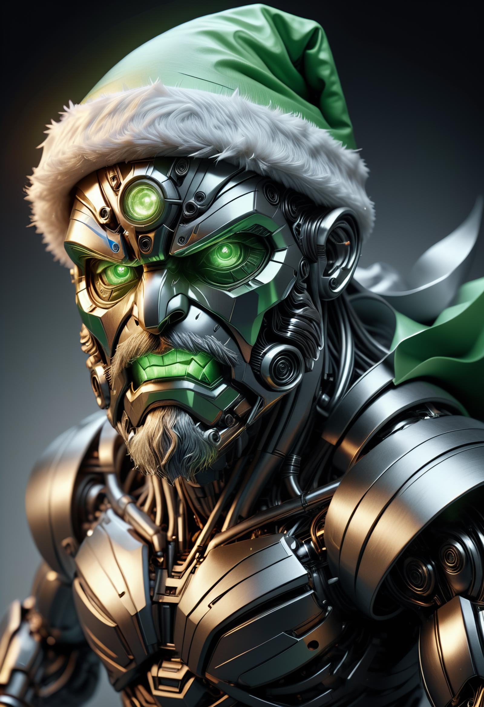 A robot with a green face and Santa hat.
